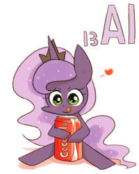 Size: 800x1000 | Tagged: safe, artist:joycall6, part of a set, character:princess luna, species:alicorn, species:pony, series:joycall6's periodic table, g4, aluminum, blushing, chemistry, coca-cola, drink, heart, licking lips, periodic table, soda, soda can, solo, tongue out