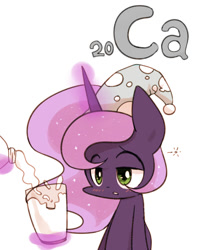 Size: 800x1000 | Tagged: safe, artist:joycall6, part of a set, character:princess luna, species:alicorn, species:pony, series:joycall6's periodic table, g4, blushing, calcium, chemistry, clothing, glass, hat, magic, milk, nightcap, periodic table, sleepy, solo, telekinesis