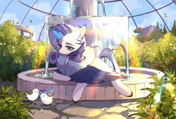 Size: 900x608 | Tagged: safe, artist:xieyanbbb, character:rarity, species:bird, species:pony, species:unicorn, g4, clothing, fountain, glowing horn, magic, older rarity, solo