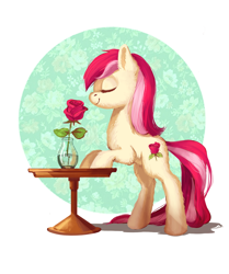 Size: 1500x1795 | Tagged: safe, artist:lis-alis, character:roseluck, species:earth pony, species:pony, g4, abstract background, cute, eyes closed, female, flower, fluffy, long tail, mare, rose, smiling, sniffing, solo, table, vase