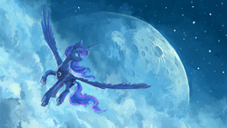 Size: 1920x1080 | Tagged: safe, artist:plainoasis, character:princess luna, species:alicorn, species:pony, g4, female, flying, lineless, looking back, mare, moon, night, painting, smiling, solo, spread wings, stars, wallpaper, wings
