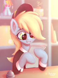 Size: 3000x4000 | Tagged: safe, artist:kridershot, character:derpy hooves, character:rainbow dash, species:pegasus, species:pony, g4, clothing, cute, derpabetes, desk, female, grin, hat, high res, letter, mailmare, mailmare hat, mailmare uniform, mare, paper, plushie, reading, shirt, smiling, solo, uniform