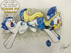 Size: 650x488 | Tagged: source needed, safe, artist:andypriceart, oc, oc only, oc:crystal wishes, oc:silent knight, parent:jet set, parent:upper crust, parents:upperset, annoyed, armor, chase, dialogue, excited, fanfic art, female, fun, horn ring, male, offspring, offspring shipping, open mouth, ring, shipping, silentwishes, smiling, speech bubble, straight, talking, yelling