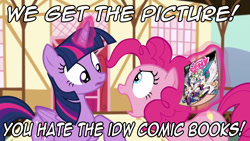 Size: 1280x720 | Tagged: safe, artist:andypriceart, edit, edited screencap, idw, screencap, character:pinkie pie, character:twilight sparkle, character:twilight sparkle (alicorn), species:alicorn, species:pony, episode:the one where pinkie pie knows, g4, my little pony: friendship is magic, alternate universe, comic book, comic drama, drama, drama bait, duo focus, evil celestia, female, glowing horn, idw drama, image macro, levitation, magic, mare, meme, reaction image, reflections drama, yelling