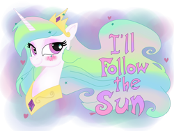Size: 1024x768 | Tagged: safe, artist:andypriceart, artist:krazykari, character:princess celestia, blushing, eyeshadow, i'll follow the sun, makeup, portrait, smiling, solo, song reference, the beatles