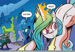 Size: 838x584 | Tagged: safe, artist:andypriceart, idw, official comic, character:princess celestia, character:princess luna, character:queen chrysalis, species:alicorn, species:changeling, species:pony, changeling queen, dialogue, female, fire, mare, panel, royal sisters, siege of the crystal empire, sisters, speech bubble