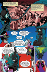 Size: 663x1019 | Tagged: source needed, useless source url, safe, artist:andypriceart, idw, official comic, character:king sombra, character:queen chrysalis, character:radiant hope, species:changeling, species:pony, species:umbrum, species:unicorn, changeling queen, comic, crystal empire, destruction, fangs, female, glowing horn, male, mare, mother and son, preview, siege of the crystal empire, stallion