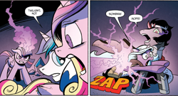 Size: 1400x755 | Tagged: safe, artist:andypriceart, idw, official comic, character:king sombra, character:princess cadance, character:radiant hope, character:shining armor, character:twilight sparkle, character:twilight sparkle (alicorn), species:alicorn, species:pony, blast, comic, dialogue, female, magic, magic beam, magic blast, male, mare, siege of the crystal empire, stallion, twilight is anakin
