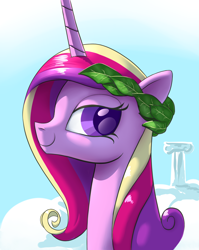 Size: 1600x2011 | Tagged: safe, artist:andypriceart, artist:nadnerbd, character:princess cadance, bedroom eyes, cover art, fanfic art, laurel wreath, lidded eyes, looking at you, portrait, smiling, solo