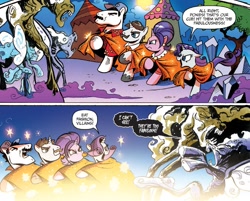 Size: 1379x1109 | Tagged: safe, artist:andypriceart, idw, official comic, character:cookie crumbles, character:hondo flanks, character:rarity, species:pony, species:umbrum, species:unicorn, ship:cookieflanks, comic, fabulous, facial hair, female, magnum p.i., male, mare, moustache, rarity's parents, raspberry, shiny, shipping, siege of the crystal empire, sparkles, stallion, tom selleck