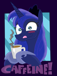 Size: 768x1024 | Tagged: safe, artist:andypriceart, artist:krazykari, character:princess luna, coffee, food, luna found the coffee, solo, this will end in tears, wide eyes