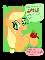 Size: 808x1077 | Tagged: safe, artist:andypriceart, artist:krazykari, character:applejack, apple watch, bad pun, pun, solo, visual gag