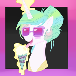 Size: 1024x1024 | Tagged: safe, artist:andypriceart, artist:krazykari, character:princess celestia, alternate hairstyle, eating, magic, snow cone, solo, sunglasses