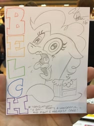 Size: 768x1024 | Tagged: safe, artist:andypriceart, character:pinkie pie, species:earth pony, species:pony, bite mark, burp, cake, female, food, mare, solo, traditional art, wavy mouth