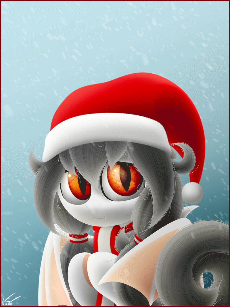 Size: 800x1067 | Tagged: safe, artist:symbianl, oc, oc only, oc:lai chi, species:bat pony, species:pony, license:cc-by-nc-nd, albino, animated, clothing, cute, hat, ocbetes, santa hat, scarf, snow, snowfall, solo