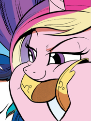 Size: 437x581 | Tagged: safe, artist:andypriceart, idw, character:princess cadance, bedroom eyes, cheeks, clothing, comic, flirting, hooves, hooves on face, hooves up, like what you see?, looking down, raised eyebrow, regalia, shoes, smiling, smirk, smug, squishy, squishy cheeks