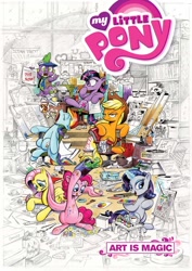 Size: 1024x1445 | Tagged: safe, artist:andypriceart, idw, character:applejack, character:fluttershy, character:pinkie pie, character:rainbow dash, character:rarity, character:spike, character:twilight sparkle, album cover, art is magic, coloring, cover, cute, drawing, frown, glare, grumpy, highlander, hoof hold, joe kubert, licking, licking lips, looking at you, magic, mane seven, mane six, mouth hold, movie poster, movie reference, music reference, my little pony logo, open mouth, prone, raised eyebrow, sitting, skull, sleeping, smiling, star trek, telekinesis, the rolling stones, tongue out, typewriter, unamused, z