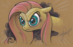 Size: 900x584 | Tagged: safe, artist:andypriceart, character:fluttershy, species:pegasus, species:pony, female, floppy ears, mare, solo, stare, the stare, traditional art