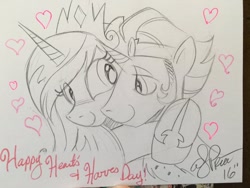 Size: 1024x768 | Tagged: safe, artist:andypriceart, character:good king sombra, character:king sombra, character:princess celestia, ship:celestibra, episode:hearts and hooves day, g4, my little pony: friendship is magic, cute, cutelestia, female, heart, male, monochrome, shipping, sombradorable, straight, sweet dreams fuel, traditional art
