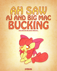 Size: 1000x1250 | Tagged: safe, artist:symbianl, character:apple bloom, species:earth pony, species:pony, g4, license:cc-by-nc-nd, adorabloom, apple bloom's bow, bait and switch, blush sticker, blushing, bow, chibi, cute, dialogue, eyebrows, female, filly, hair bow, hooves, hooves to the chest, misleading thumbnail, open mouth, signature, sitting, solo, text, three quarter view, young