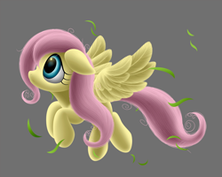 Size: 1250x1000 | Tagged: safe, artist:symbianl, character:fluttershy, license:cc-by-nc-nd, animated at source, floating, floppy ears, gray background, leaves, looking at something, looking up, messy mane, simple background, solo, spread wings, wings