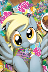 Size: 700x1061 | Tagged: safe, artist:amy mebberson, artist:andypriceart, idw, official, official comic, character:applejack, character:derpy hooves, character:dj pon-3, character:owlowiscious, character:princess celestia, character:spike, character:twilight sparkle, character:vinyl scratch, character:winona, species:pegasus, species:pony, comic, comic book, cover, female, idw advertisement, mare, muffin, the hoof beats