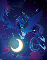Size: 2550x3300 | Tagged: safe, artist:andypriceart, artist:vintniv, character:princess luna, species:alicorn, species:pony, cloud, crescent moon, crown, cute, digital art, eyelashes, eyeshadow, featured on derpibooru, female, flying, high res, hoof shoes, horn, jewelry, lidded eyes, looking at you, lunabetes, majestic, makeup, mare, moon, night, night sky, peytral, regalia, sky, smiling, solo, spread wings, stars, sweet dreams fuel, transparent moon, vector, wing fluff, wings