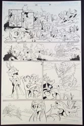 Size: 665x1000 | Tagged: safe, artist:andypriceart, idw, character:blackthorn, character:bramble, character:fluttershy, character:king aspen, character:philomena, character:princess celestia, character:rarity, character:spike, character:twilight sparkle, character:zecora, species:deer, species:zebra, black and white, boop, carousel boutique, comic, flying, grayscale, lineart, monochrome, rarithorn, traditional art, vine
