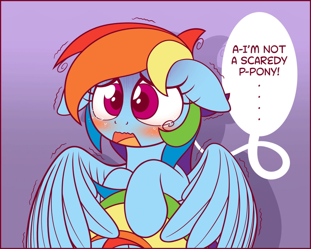 Size: 1000x800 | Tagged: safe, artist:symbianl, character:rainbow dash, species:pegasus, species:pony, license:cc-by-nc-nd, animated, blatant lies, blushing, cute, dashabetes, dialogue, eye shimmer, female, floppy ears, mare, open mouth, out of character, scared, scaredy dash, shivering, solo, symbianl is trying to murder us, tail wrap