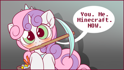 Size: 3840x2160 | Tagged: safe, artist:symbianl, character:sweetie belle, license:cc-by-nc-nd, bronybait, cute, dialogue, diamond pickaxe, diasweetes, don't mine at night, looking at you, minecraft, mouth hold, solo, symbianl is trying to murder us, you. me. x. now.