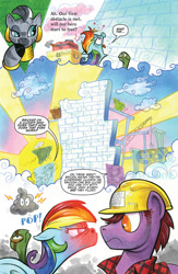 Size: 900x1384 | Tagged: safe, artist:andypriceart, idw, character:rainbow dash, character:tank, character:zecora, species:pegasus, species:pony, species:zebra, brick, cloud brick, comic, dialogue, dreary, ear piercing, earring, female, hard hat, hat, jewelry, leg rings, male, mare, neck rings, piercing, plumb bob, preview, speech bubble, stallion, tortoise