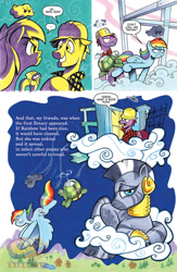 Size: 900x1384 | Tagged: safe, artist:andypriceart, idw, character:rainbow dash, character:tank, character:zecora, species:pegasus, species:pony, species:zebra, ..., cloud, comic, dialogue, dreary, female, flying, hard hat, hat, lying on a cloud, male, mare, on a cloud, plumb bob, preview, speech bubble, stallion, tortoise