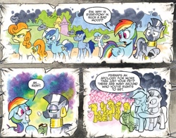 Size: 1291x1010 | Tagged: safe, artist:andypriceart, idw, character:blues, character:carrot top, character:golden harvest, character:minuette, character:noteworthy, character:rainbow dash, character:tank, character:white lightning, character:zecora, species:earth pony, species:pegasus, species:pony, species:unicorn, species:zebra, angry, comic, dialogue, dreary, ear piercing, earring, female, jewelry, leg rings, male, mare, neck rings, piercing, speech bubble, stallion, tortoise