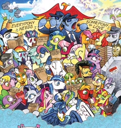 Size: 1374x1447 | Tagged: safe, artist:andypriceart, idw, character:angel bunny, character:apple bloom, character:applejack, character:big mcintosh, character:bon bon, character:bulk biceps, character:cheerilee, character:dj pon-3, character:flax seed, character:fluttershy, character:gummy, character:hondo flanks, character:lily, character:lily valley, character:lyra heartstrings, character:maud pie, character:octavia melody, character:opalescence, character:owlowiscious, character:philomena, character:princess cadance, character:princess celestia, character:princess luna, character:rainbow dash, character:rarity, character:scootaloo, character:sea swirl, character:shining armor, character:spike, character:sweetie belle, character:sweetie drops, character:tank, character:tealove, character:tiberius, character:tom, character:twilight sparkle, character:twilight sparkle (alicorn), character:vinyl scratch, character:wheat grass, character:winona, species:alicorn, species:breezies, species:earth pony, species:pegasus, species:pony, species:unicorn, ship:sparity, andy you magnificent bastard, background pony, big scoops, blues brothers, candy, cargo ship, cutie mark crusaders, dreary, elwood (idw), elwood j. blues, everybody needs somebody to love, female, filly, food, gaffer, harmonica, hello my name is, hug, jake (idw), jake blues, magnum p.i., male, mare, microphone, milkshake, musical instrument, observer (character), one eye closed, parasprite, rockcon, shipping, song reference, stallion, straight, sunglasses, sweetcream scoops, thomas magnum, tomaud, wall of tags, wink