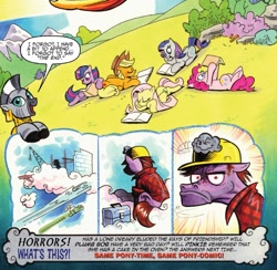 Size: 1267x1235 | Tagged: safe, artist:andypriceart, idw, character:applejack, character:fluttershy, character:pinkie pie, character:rainbow dash, character:rarity, character:tank, character:twilight sparkle, character:twilight sparkle (alicorn), character:zecora, species:alicorn, species:earth pony, species:pegasus, species:pony, species:unicorn, species:zebra, 60s batman, batman, book, cloud brick, comic, cute, dialogue, dreary, ear piercing, earring, female, flying, hard hat, hat, jewelry, male, mane six, mare, neck rings, piercing, plumb bob, speech bubble, stallion, tortoise, zecorable