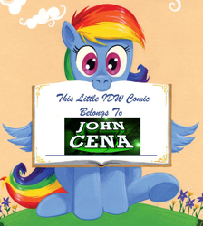 Size: 916x1024 | Tagged: safe, artist:andypriceart, edit, character:rainbow dash, book belongs to, c:, cute, forced meme, john cena, looking at you, meme, mouth hold, nom, smiling, solo, spread wings, underhoof, wings