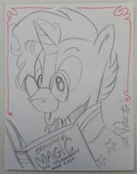 Size: 1992x2510 | Tagged: safe, artist:andypriceart, character:sunburst, :o, adorkable, book, cute, dork, glasses, irl, lineart, necromancy, photo, reading, smiling, solo, traditional art