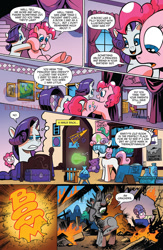 Size: 900x1384 | Tagged: safe, artist:andypriceart, idw, official comic, character:cookie crumbles, character:pinkie pie, character:rarity, character:sweetie belle, species:earth pony, species:pony, species:unicorn, book, chemistry, comic, dialogue, explosion, female, filly, fire, foal, glowing horn, horn, i want to believe, lab goggles, levitation, magic, magic aura, mare, my tiny gecko, preview, pyro belle, shaved tail, speech bubble, sweetie bald, sweetie belle's magic brings a great big smile, sweetie fail, sweetiedumb, teddy bear, telekinesis, the x files, thermodynamics, this ended in explosions, young frankenstein