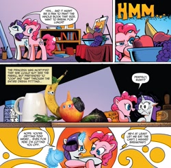 Size: 1225x1202 | Tagged: safe, artist:andypriceart, idw, official comic, character:pinkie pie, character:rarity, species:earth pony, species:pony, species:unicorn, apple, banana, comic, dialogue, duo, female, food, fruit, googly eyes, grapes, irl, magic, mare, photo, speech bubble, telekinesis
