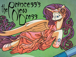 Size: 1304x988 | Tagged: safe, artist:andypriceart, idw, official comic, character:rarity, species:alicorn, species:pony, alicornified, clothing, comic panel, dress, female, headdress, horn, horn jewelry, jewelry, lidded eyes, mare, modern art, nouveau, princess rarity, prone, race swap, raricorn, regalia, smiling, solo, the emperor's new clothes