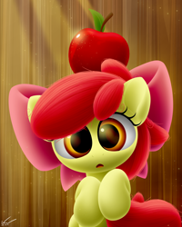 Size: 2000x2500 | Tagged: safe, artist:symbianl, character:apple bloom, license:cc-by-nc-nd, adorabloom, apple, balancing, cute, food, hooves to the chest, open mouth, solo, william tell