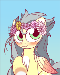 Size: 1200x1500 | Tagged: safe, artist:symbianl, oc, oc only, oc:dixie evergreen, license:cc-by-nc-nd, floral head wreath, flower, looking back, pale belly, raised hoof, solo