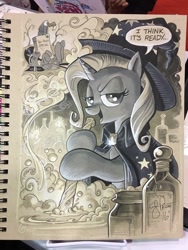 Size: 768x1024 | Tagged: safe, artist:andypriceart, character:trixie, character:twilight sparkle, character:twilight sparkle (alicorn), species:alicorn, species:pony, cauldron, epitaph, gravestone, looking at you, traditional art, vulture, witch, x eyes