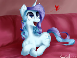 Size: 1920x1440 | Tagged: safe, artist:aurelleah, oc, oc only, oc:wavebud, couch, crossed hooves, cute, digital art, excited, happy, heart, looking up, open mouth, prone, smiling, solo