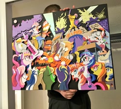 Size: 1200x1086 | Tagged: safe, artist:andypriceart, artist:the-paper-pony, idw, official, character:diamond rose, character:dj pon-3, character:gizmo, character:lemony gem, character:princess cadance, character:shining armor, character:vinyl scratch, species:alicorn, species:earth pony, species:pegasus, species:pony, species:unicorn, 33 1-3 lp, 8-bit (character), 80s, adam ant, andy you magnificent bastard, background pony, boy george, buck withers, cowbell, cutiespark, danny elfman, devo, drum kit, drums, energy dome, female, ferris bueller's day off, filly, filly vinyl scratch, frankie goes to hollywood, gaffer, keytar, little girls, long play, lyrics, male, musical instrument, neigh anything, new wave, observer (character), oingo boingo, revenge of the nerds, song reference, spread wings, stallion, sweetcream scoops, teary eyes, text, the mystic knights of the electric stable, unnamed character, unnamed pony, wings, younger