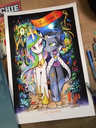 Size: 900x1200 | Tagged: safe, artist:andypriceart, character:good king sombra, character:king sombra, character:princess celestia, ship:celestibra, always, eye contact, female, looking at each other, male, shipping, straight, tanabata, traditional art, wishing garden