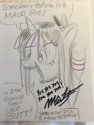 Size: 1536x2048 | Tagged: safe, artist:andypriceart, character:maud pie, character:twilight sparkle, character:twilight sparkle (alicorn), species:alicorn, species:pony, andy you magnificent bastard, autograph, bronycon 2016, colored pencil drawing, commission, larson you magnificent bastard, larsoncorn, m.a. larson, pencil drawing, sign my butt, solo, traditional art, yes yes yes
