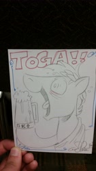 Size: 2988x5312 | Tagged: safe, artist:andypriceart, oc, oc only, oc:shock 'n awe, animal house, bronycon 2016, cider, clothing, commission, drinking, frat, irl, photo, toga, toga party, traditional art