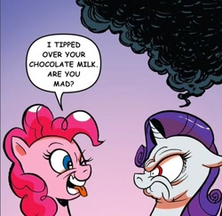 Size: 508x493 | Tagged: safe, artist:andypriceart, edit, character:pinkie pie, character:rarity, angry, chocolate, chocolate milk, everything is ruined, exploitable meme, meme, milk, one eye closed, pure unfiltered evil, spilled milk, wink