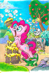 Size: 800x1191 | Tagged: safe, artist:andypriceart, idw, official, official comic, character:gummy, character:pinkie pie, character:zecora, species:earth pony, species:pony, species:zebra, bubble, cake, cauldron, cover, idw advertisement, record